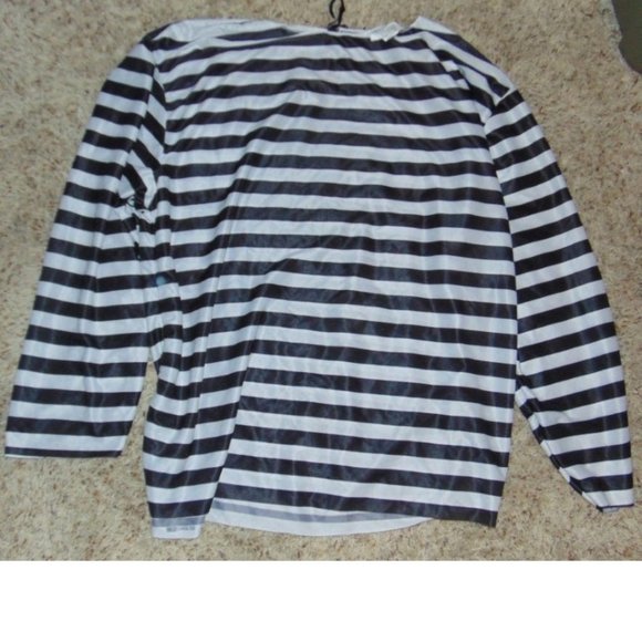 Convict Prisoner Halloween Costume OS Jailbird 3 Pc Black White Party Mens - Picture 4 of 5